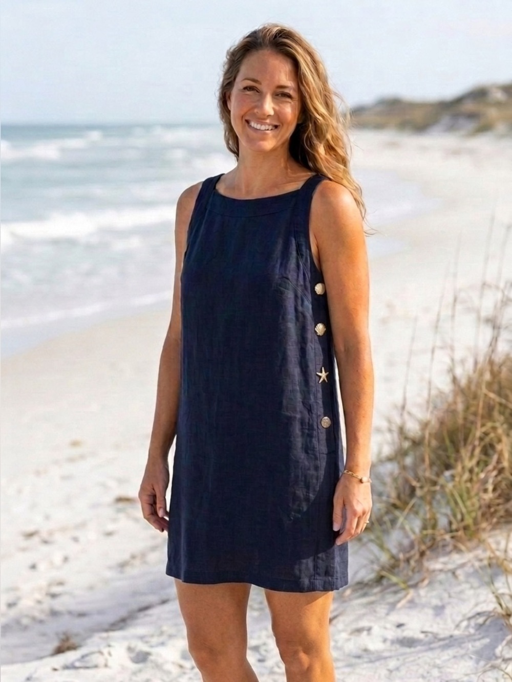 Cynthia Rowley Navy Sleeveless shell 🐚 Button-Side Linen Blend Dress